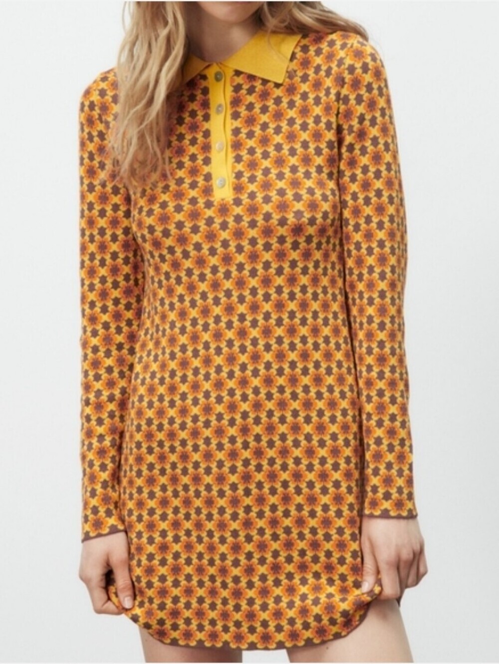 ZARA Women's Retro Vintage Floral Jacquard Knit Mini Dress Orange Brown Small - Picture 3 of 15